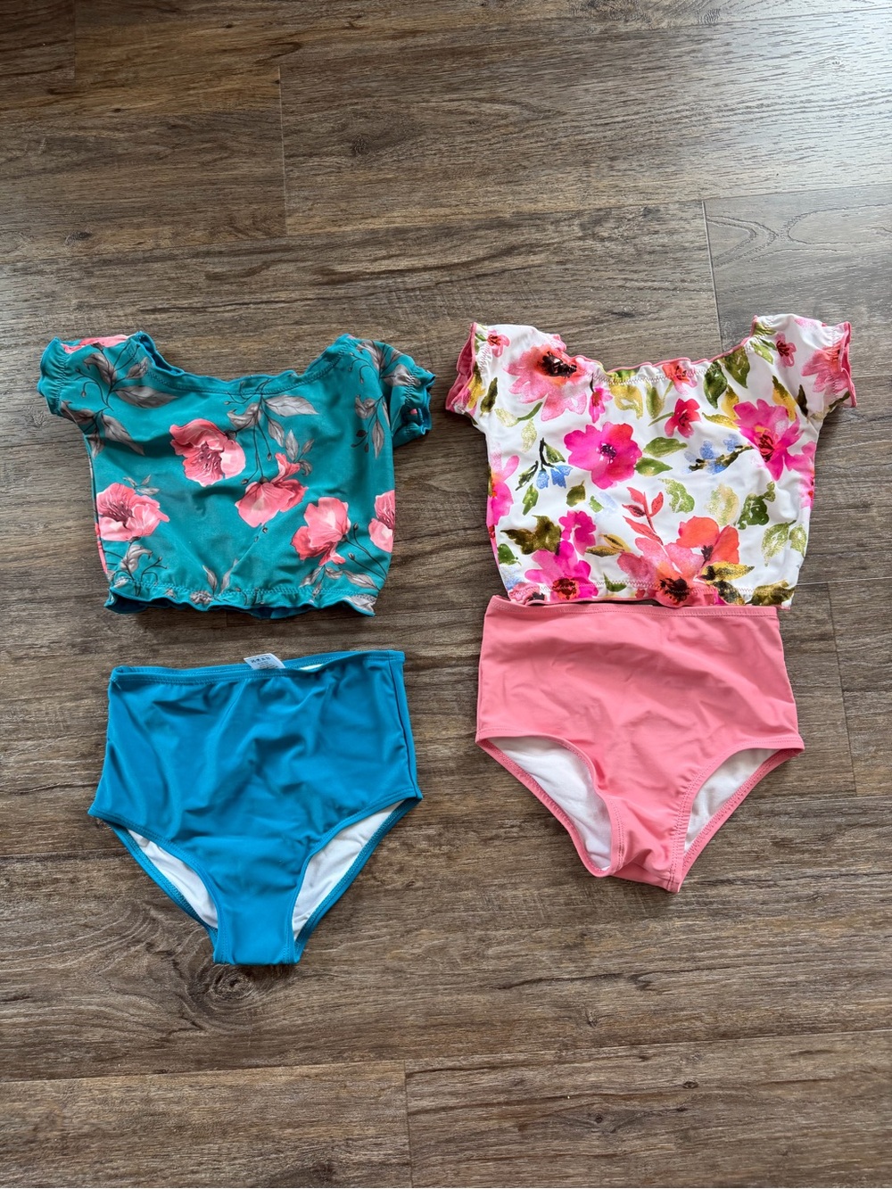 Coral Reef Teal Pink Reversible Floral Solid High Waisted Ruffle Swim Tankini